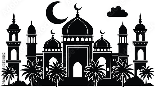 AdobIslamic Mosque with Minarets and Palm Trees – Black and White Vector Illustration