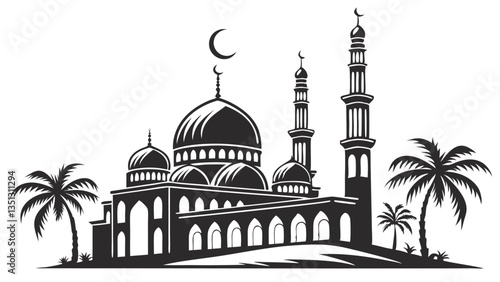 AdobIslamic Mosque with Minarets and Palm Trees – Black and White Vector Illustration
