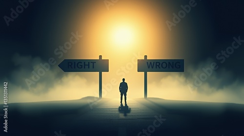 Individual standing at a fork in the road choosing between right and wrong