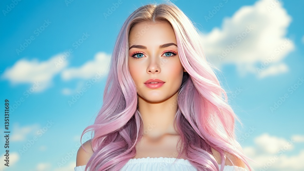 Fototapeta premium Young woman with pastel pink and lavender hair against a dreamy sky background