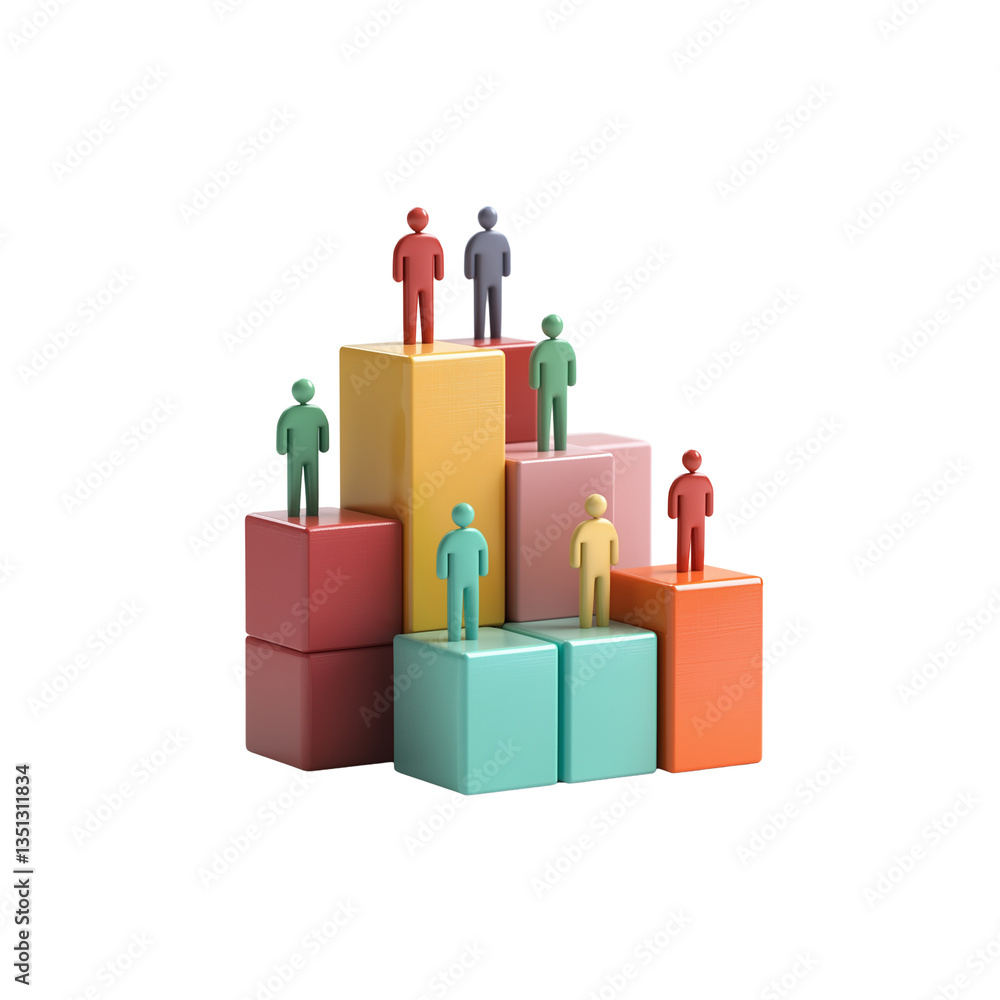 Colorful figurines stand atop varying blocks, symbolizing achievement and diversity in a creative arrangement. Colorful figurines stand atop varying blocks, symbolizing achievement and diversity in a creative arrangement.