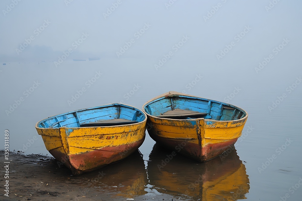Two yellow and blue boats on lake shore Two yellow and blue boats on lake shore