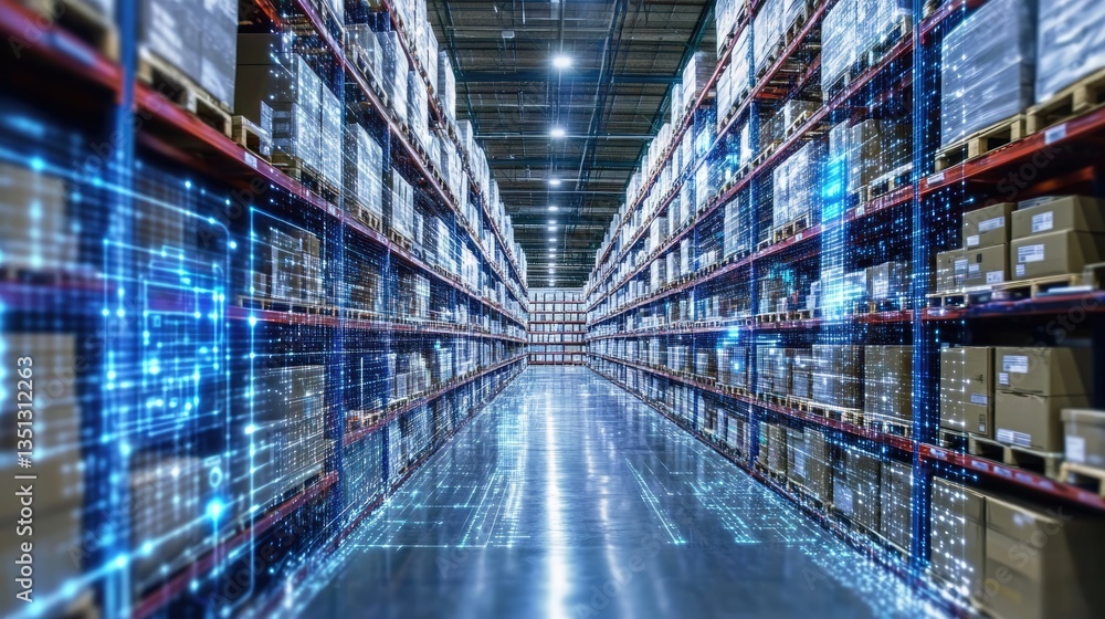 A modern warehouse filled with organized boxes, showcasing advanced logistics technology and digital overlays A modern warehouse filled with organized boxes, showcasing advanced logistics technology and digital overlays