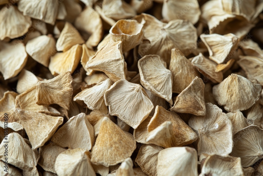 Dried mushroom pieces arranged closely together in a pile Dried mushroom pieces arranged closely together in a pile