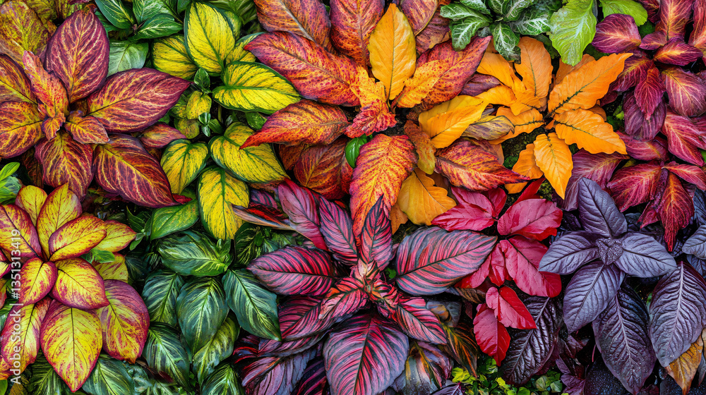 Fototapeta premium A stunning display of colorful leaves in various shades and textures capturing the essence of a lively tropical atmosphere.
