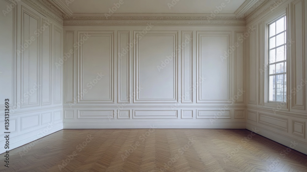Obraz premium Elegant empty room features paneled walls and herringbone wood floor