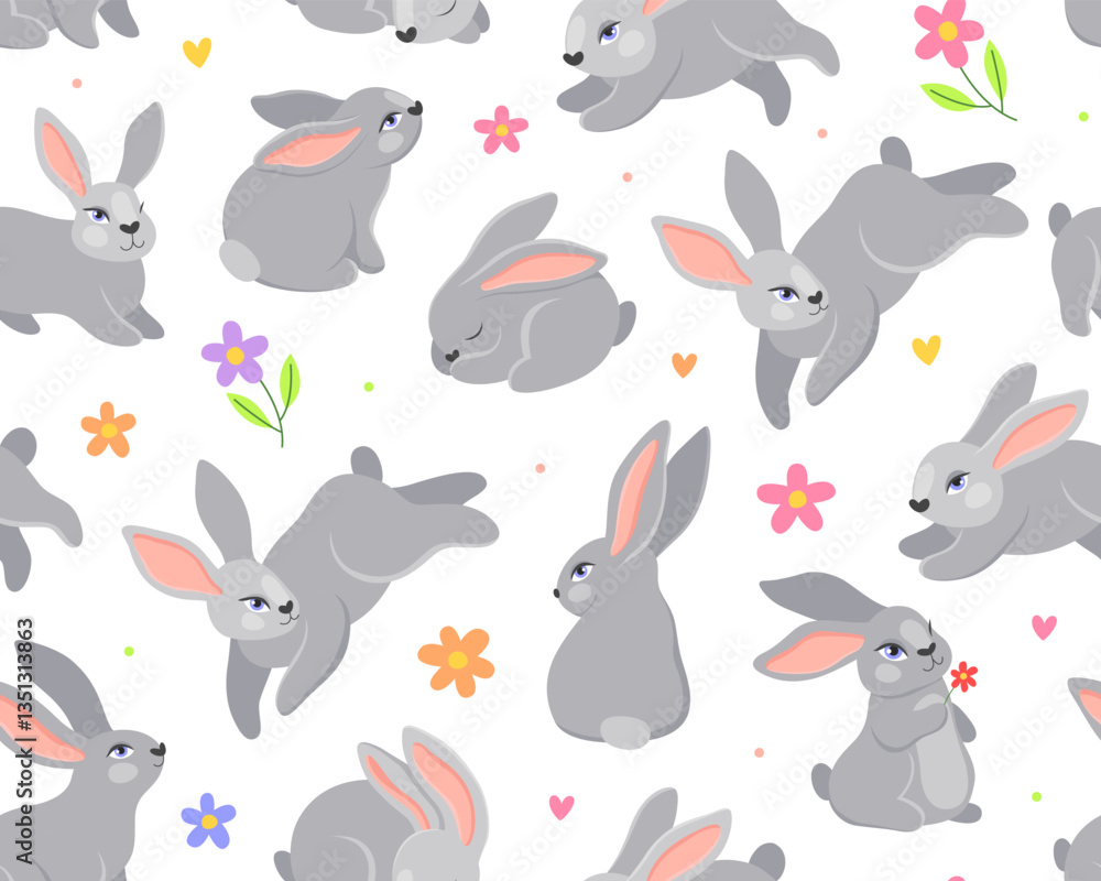 Cute childish seamless pattern, bunnies and flowers on a white background. Easter day. Cute childish seamless pattern, bunnies and flowers on a white background. Easter day.