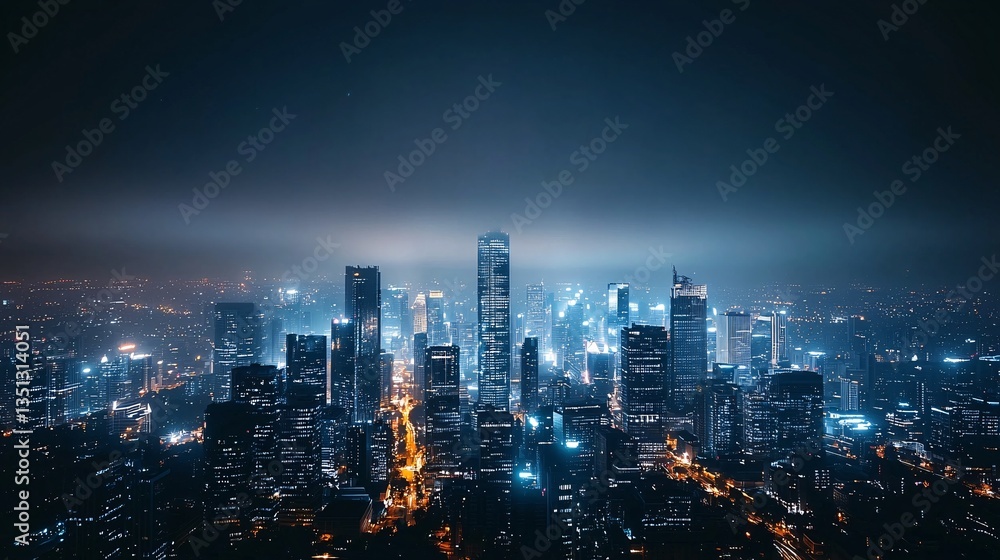 Fototapeta premium City skyline at night with lights polluting the sky, illustrating the impact of light pollution on the environment.