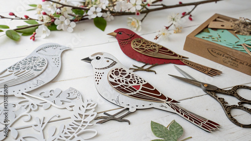 Wallpaper Mural Three Sparrows Perched on Decorative Branches with Blossoms Torontodigital.ca