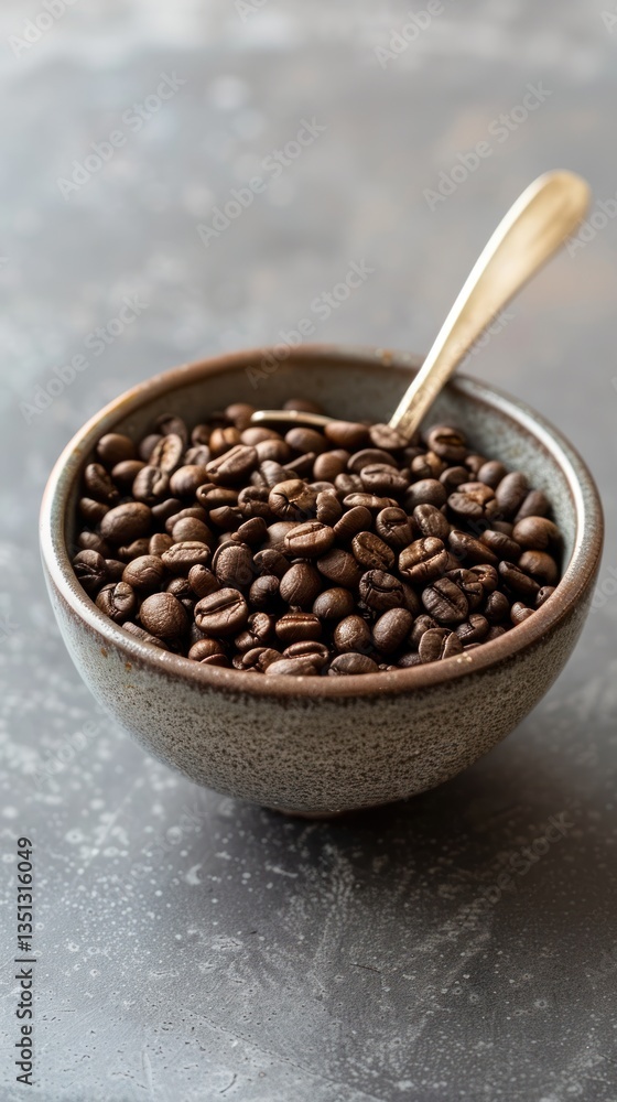 Fototapeta premium Roasted coffee beans in bowl on gray surface