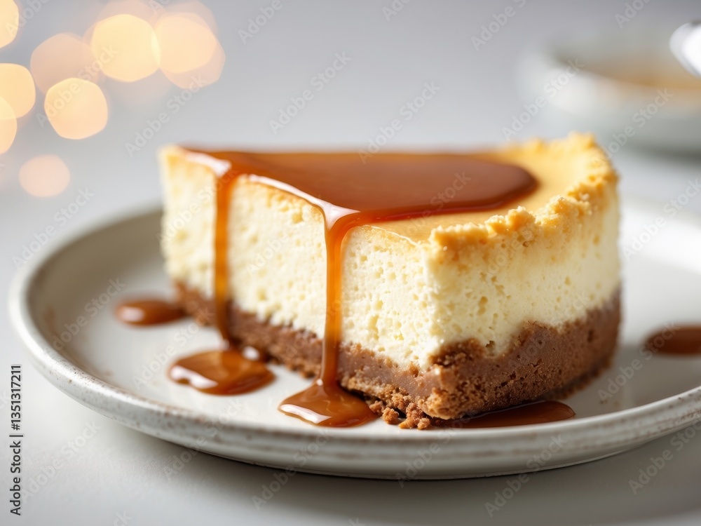 Delicious Slice of Creamy Cheesecake with Caramel Sauce Dripping and a Crumbly Crust on a Plated Dessert Delicious Slice of Creamy Cheesecake with Caramel Sauce Dripping and a Crumbly Crust on a Plated Dessert