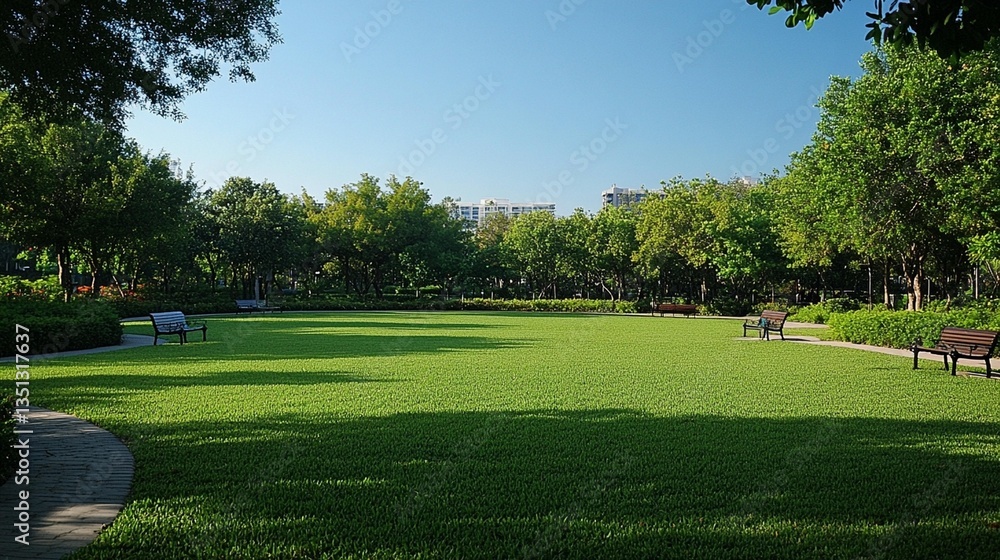 Lush green park with benches, trees, and a paved pathway on a sunny day. Lush green park with benches, trees, and a paved pathway on a sunny day.