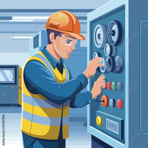 2d vector illustration colorful machine , worker and Industry and its development technology, factories and production lines icon
