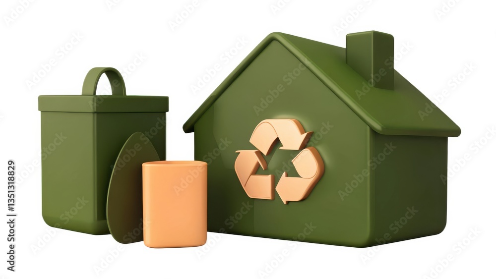 Sustainable living Eco-friendly house with recycling bins symbolizing sustainability and waste management. Sustainable living Eco-friendly house with recycling bins symbolizing sustainability and waste management.