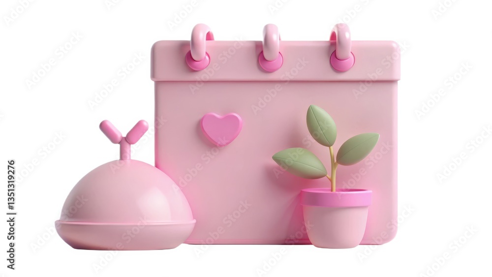 Sustainable living Pink calendar with a heart, a plant in a pot, and a bell-shaped object, creating a cheerful and playful aesthetic. Sustainable living Pink calendar with a heart, a plant in a pot, and a bell-shaped object, creating a cheerful and playful aesthetic.