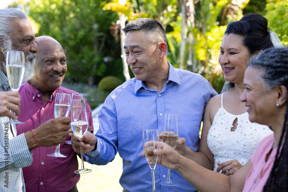 In garden, senior diverse friends toasting champagne, sharing conversation at wedding In garden, senior diverse friends toasting champagne, sharing conversation at wedding