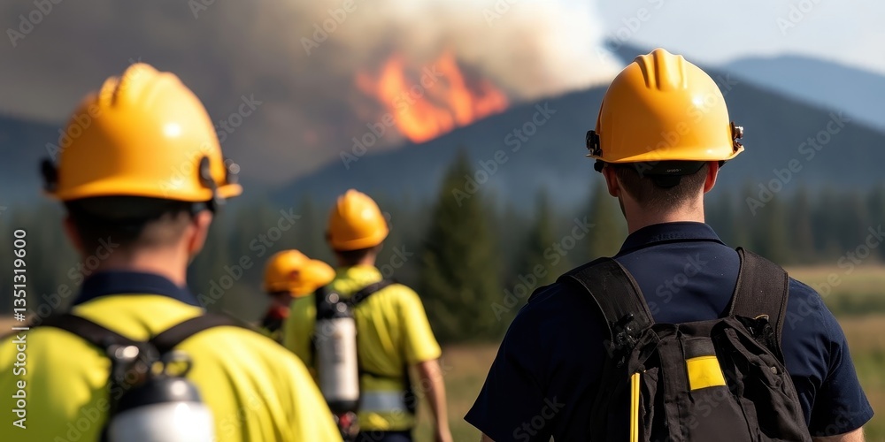 Fototapeta premium Emergency responders actively monitoring a wildfire, ensuring safety and coordination during the crisis.