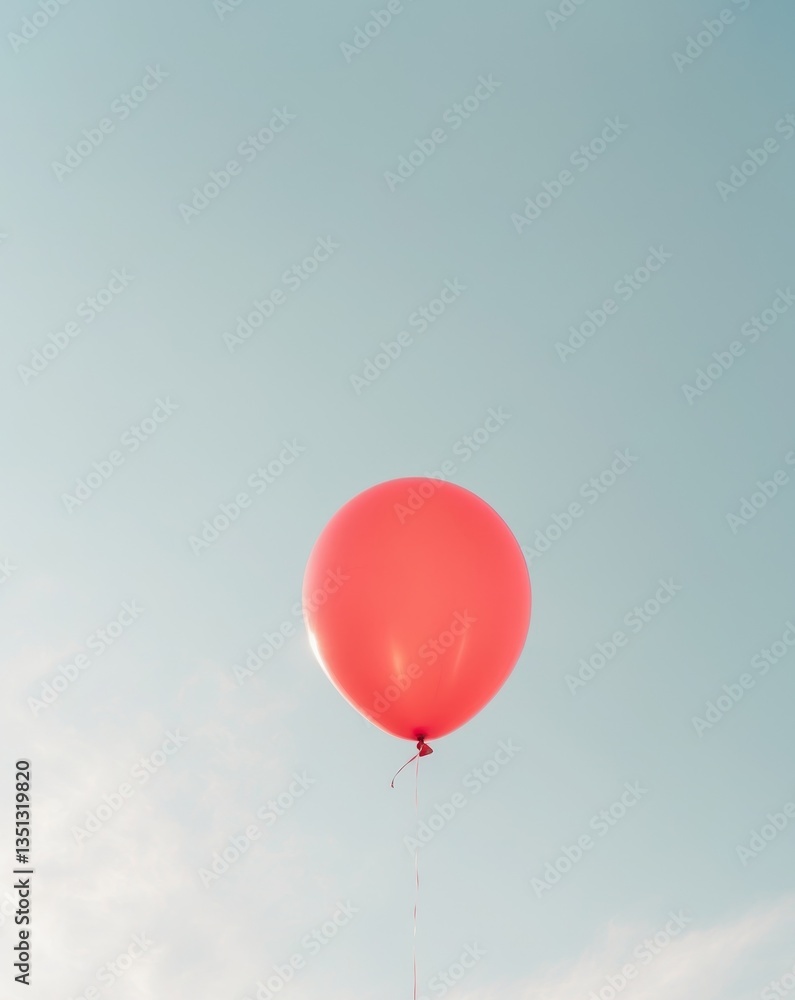 Fototapeta premium Lone Red Balloon Floating in Pale Blue Sky.