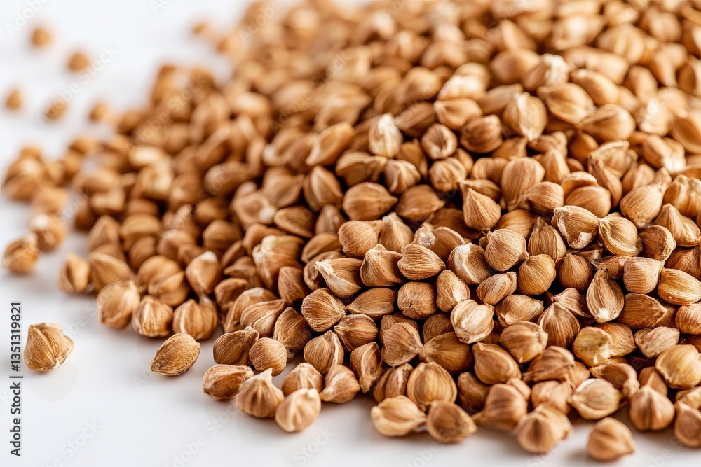 Brown Buckwheat Groats Piled on a White Reflective Surface Brown Buckwheat Groats Piled on a White Reflective Surface