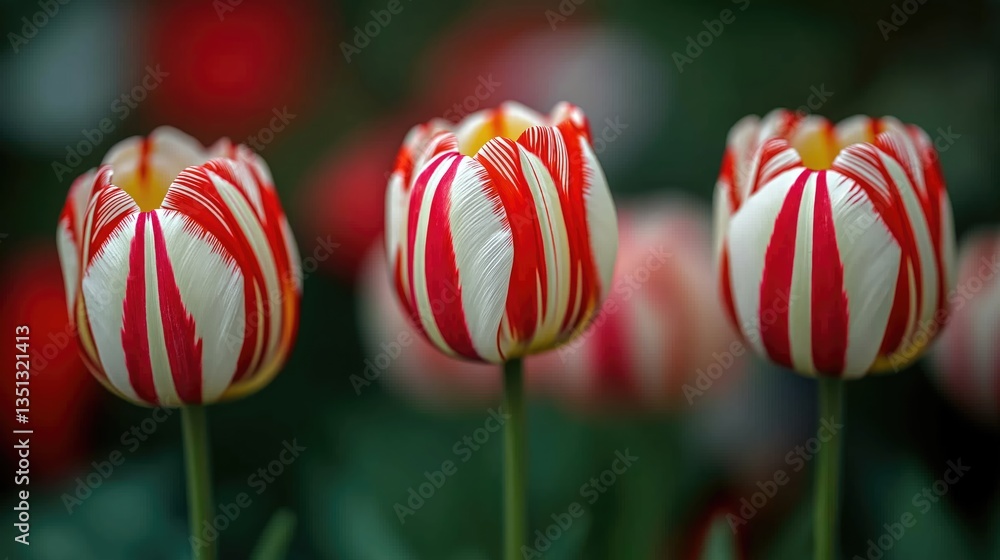 Obraz premium Close up of red and white tulip in bloom, blurred field flowers background, intricate red stripes on petals contrasting with bright yellow center, vibrant display in sunlight, beautiful floral scene. 
