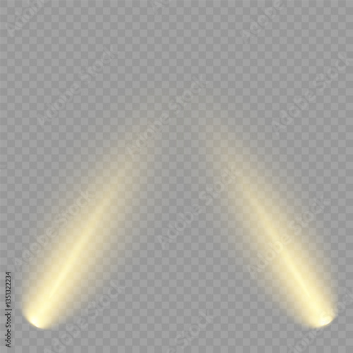 Bright light flash with cross-shaped beams, radiant white starburst, glowing flare overlay. Spotlight and Star with Bokeh and Dust Effect. Glowing Abstract. Yellow light effects. Light design element.