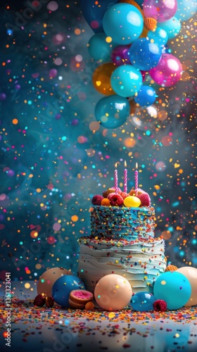 Colorful birthday cake with balloons, confetti, and smoke