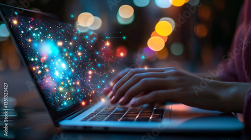 A journalist researches topics and uses AI on a laptop to summarize key information quickly.