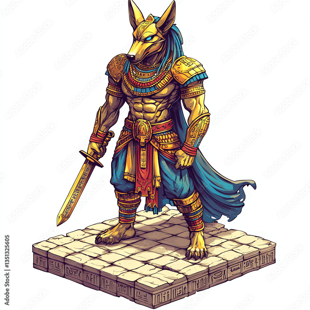 Obraz premium Standing Anthropomorphic Jackal Warrior Illustration with Sword on Stone Platform
