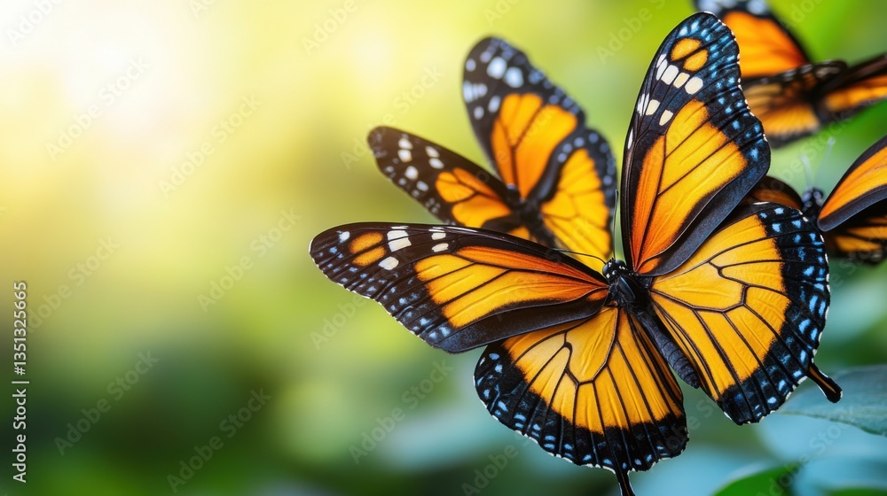 Fototapeta premium A soft light purple background filled with colorful butterflies of various species, their wings glowing in soft sunlight.