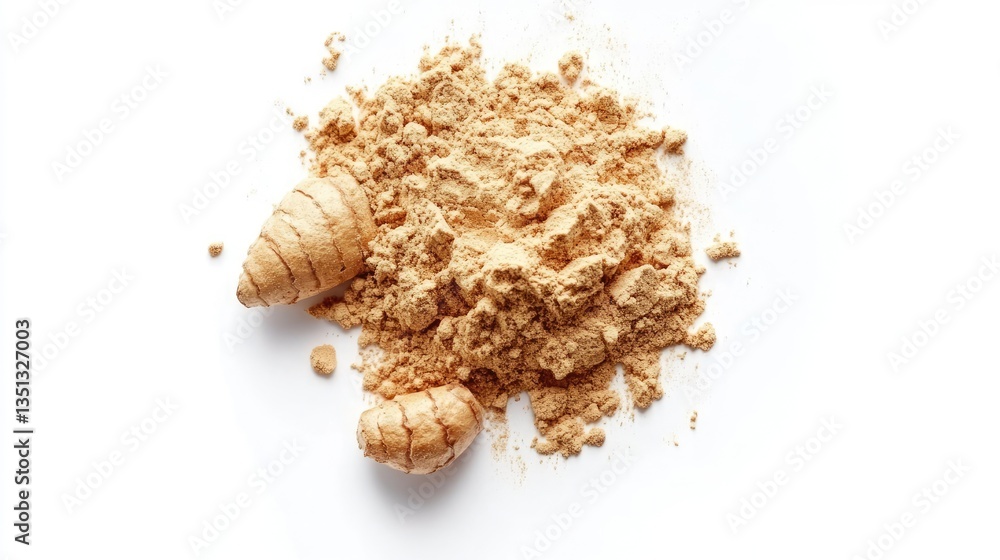 A close-up view of natural powder on a white background, showcasing the texture and two root-like objects beside it A close-up view of natural powder on a white background, showcasing the texture and two root-like objects beside it