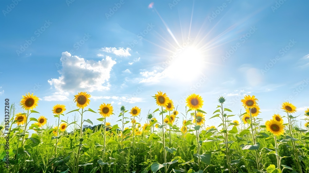 Vibrant sunflower field pattern with golden petals radiating against a clear blue sky creating a warm and cheerful natural landscape Vibrant sunflower field pattern with golden petals radiating against a clear blue sky creating a warm and cheerful natural landscape