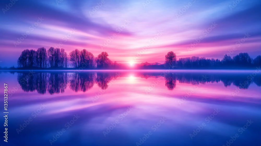 Fototapeta premium Calm lake surrounded by lush trees in the background reflecting a beautiful dawn sky with soft color gradients creating a tranquil scene.