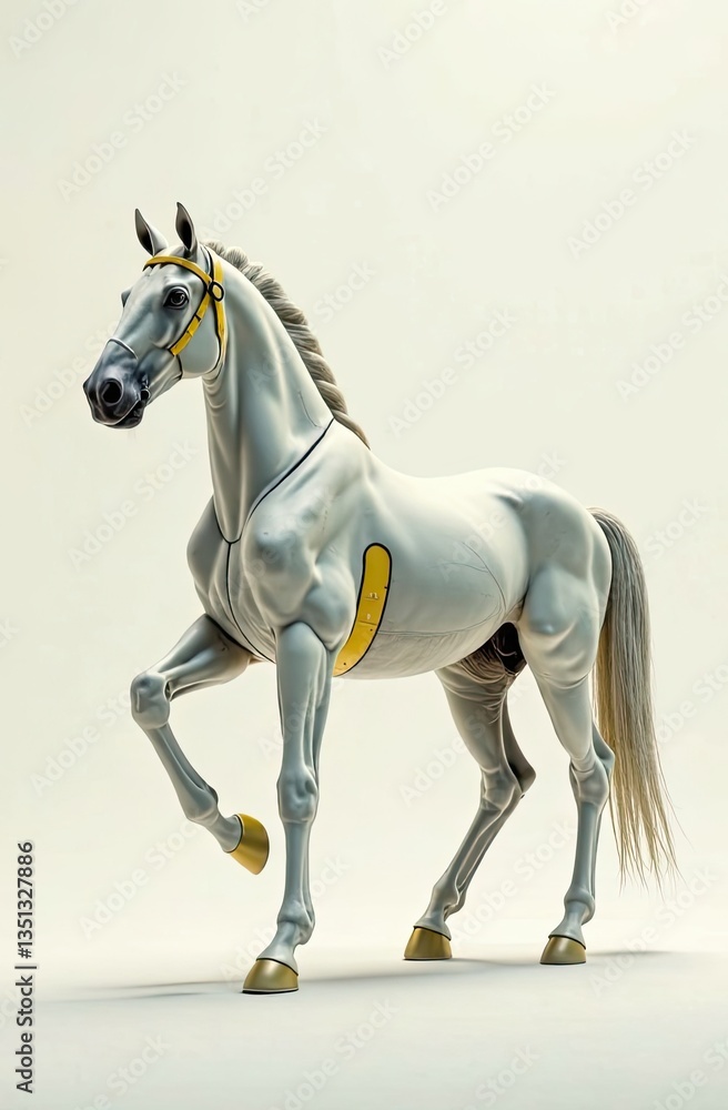 White horse with yellow mane and tail on plain white background. place for text. Horse symbol of 2026 White horse with yellow mane and tail on plain white background. place for text. Horse symbol of 2026
