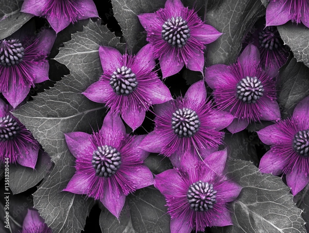 A bundle of vibrant purple flowers with lush green leaves, perfect for gardening or nature-inspired designs