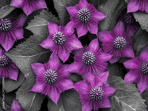 A bundle of vibrant purple flowers with lush green leaves, perfect for gardening or nature-inspired designs