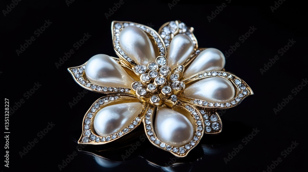 Fototapeta premium A close-up of a luxurious brooch featuring pearls and diamonds set against a black background, perfect for fashion or jewelry illustrations