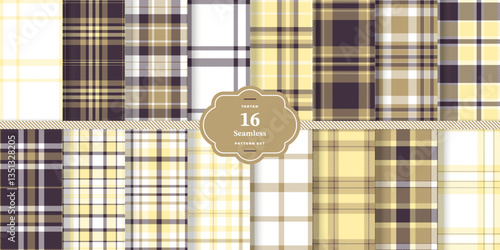 Modern Seamless Tartan featuring Dark Mustard and Cream Bisque Fabric Design Set of 16