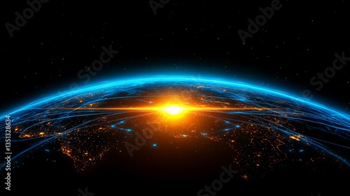 A digital depiction of the Earth with connected networks of light