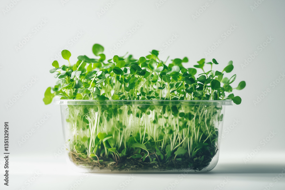 Springtime microgreen farming, home gardening and growing greenery indoors. Green sprouts growing in a transparent container. Springtime microgreen farming, home gardening and growing greenery indoors. Green sprouts growing in a transparent container.