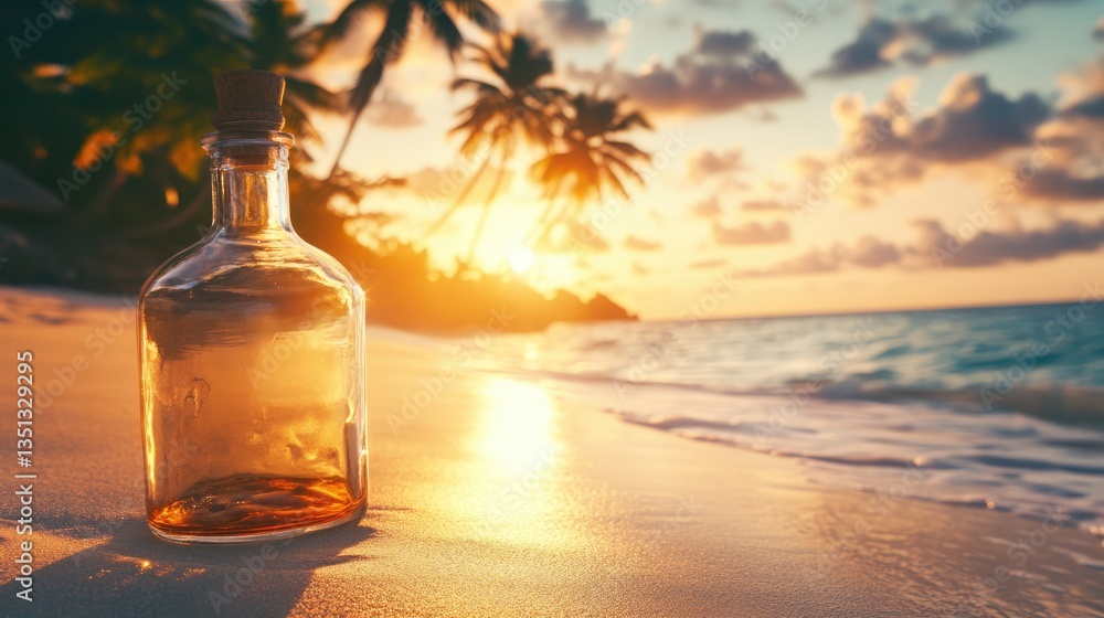 A serene beach at sunset with a message in a bottle resting on the sand, surrounded by palm trees and gentle waves A serene beach at sunset with a message in a bottle resting on the sand, surrounded by palm trees and gentle waves