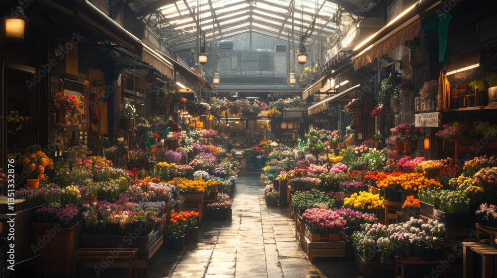 Flowers and plants in a market, illuminated by natural and artificial light, creating a vibrant and colorful scene with a variety of blooming varieties. Flowers and plants in a market, illuminated by natural and artificial light, creating a vibrant and colorful scene with a variety of blooming varieties.