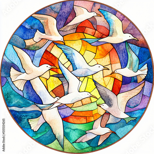 Flight of the doves a vibrant stained glass artwork celebrating freedom and unity artistic expression colorful environment aerial perspective contemporary concept photo