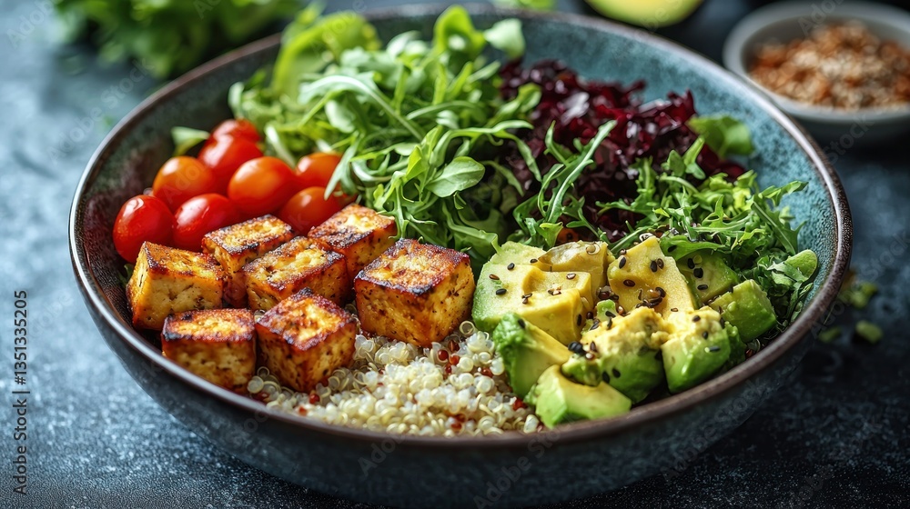 Colorful healthy bowl with quinoa, veggies, and tofu Colorful healthy bowl with quinoa, veggies, and tofu