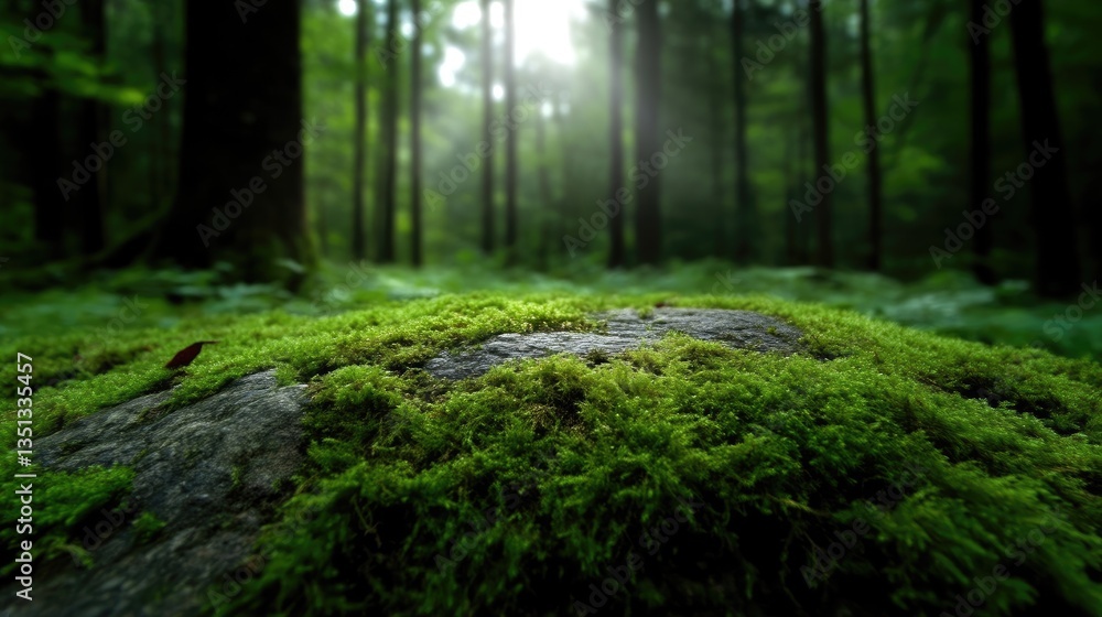 Fototapeta premium Lush forest floor covered in vibrant moss, sunlight filtering through trees