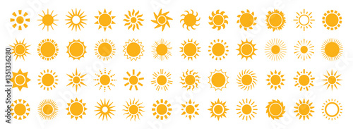 Set of sun icon symbol. Sunshine Vector flat design. Collection of sun stars simple icons. Sunrise or sunset logo decorative signs. Abstract Sunshine