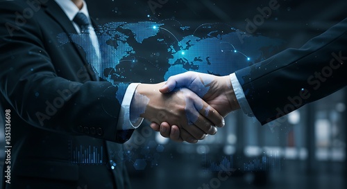 Fototapeta Naklejka Na Ścianę i Meble -  A handshake between two businessmen with a world map overlay and digital data visualizations