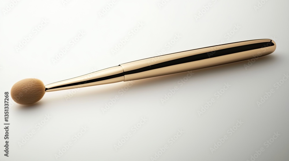Golden makeup brush on a white surface is shown closely Golden makeup brush on a white surface is shown closely