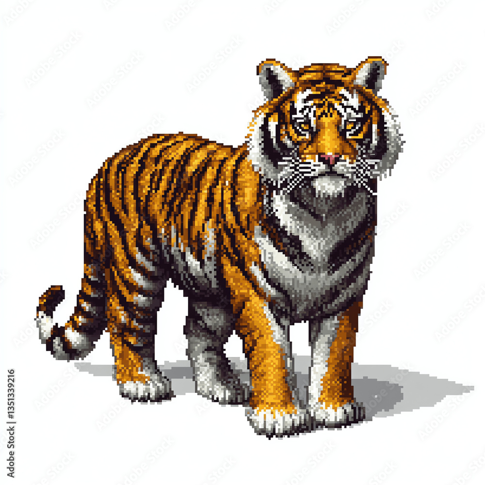 Obraz premium Pixel Art Tiger Standing Proudly Isolated on White Background Digital Design