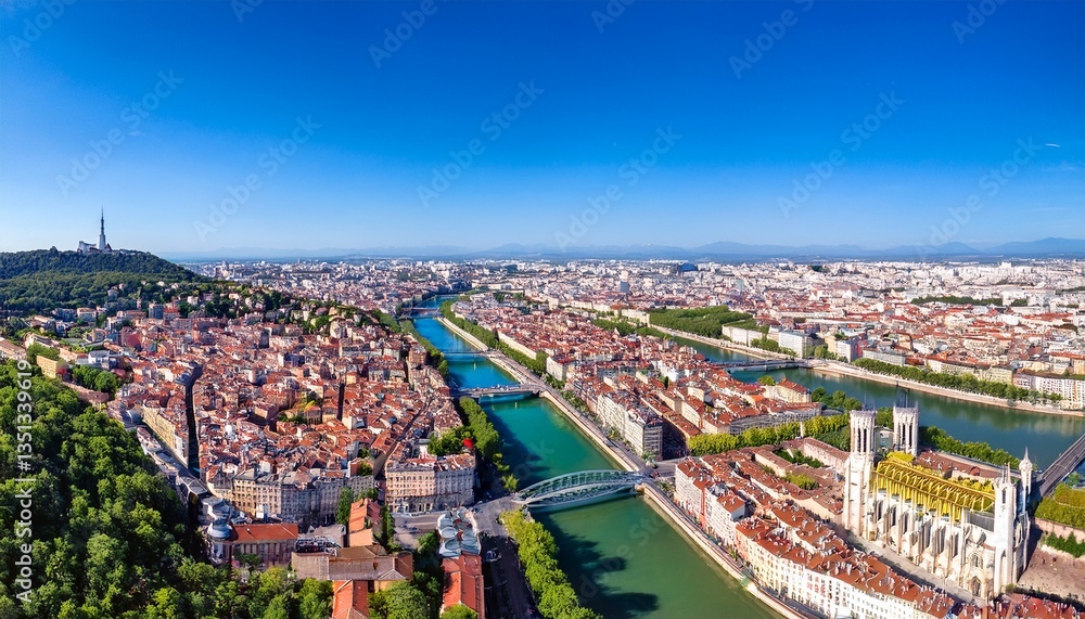 Naklejka premium lyon panorama with fourviere basilica part dieu city center rhone and saone rivers france aerial view of famous touristic landmarks french city of lights sunny warm summer day blue sky