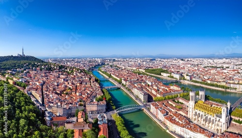 lyon panorama with fourviere basilica part dieu city center rhone and saone rivers france aerial view of famous touristic landmarks french city of lights sunny warm summer day blue sky
